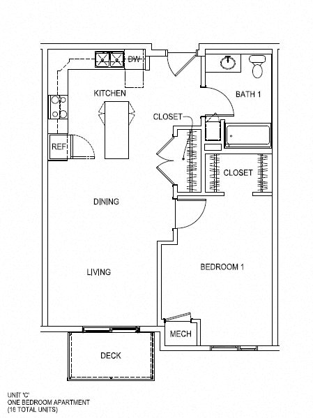 Floor plan for 1 bed, 1 bath, 733 sqft
